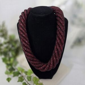 Twisted Black Mesh With Red Stones Statement Necklace Magnetic Clasp